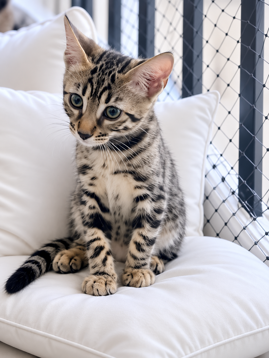 Pure Silver Bengal with a black spotted/rosetted tabby pattern